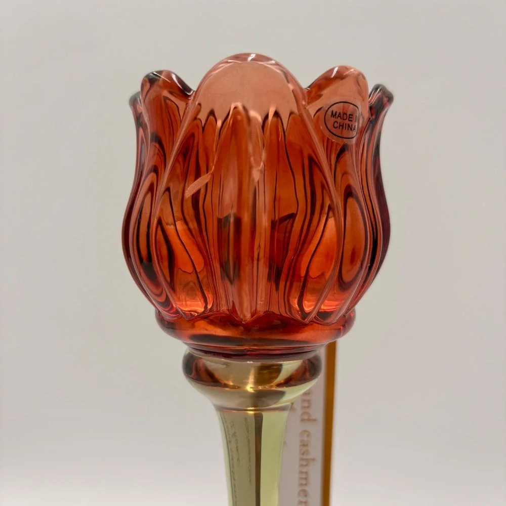 Cupcakes and Cashmere Glass Tulip Tea Light Candle Holder Amber Orange Green